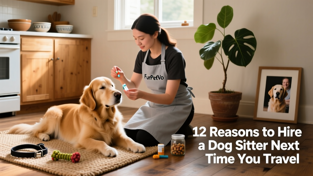 A FurPetVo sitter carefully administering medication to a calm, trusting dog in its kitchen