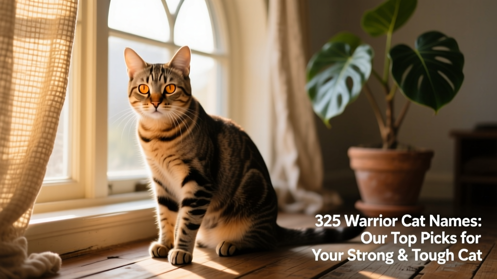 A sleek, alert tabby cat gazing intently from a sunlit windowsill, embodying quiet strength and focus