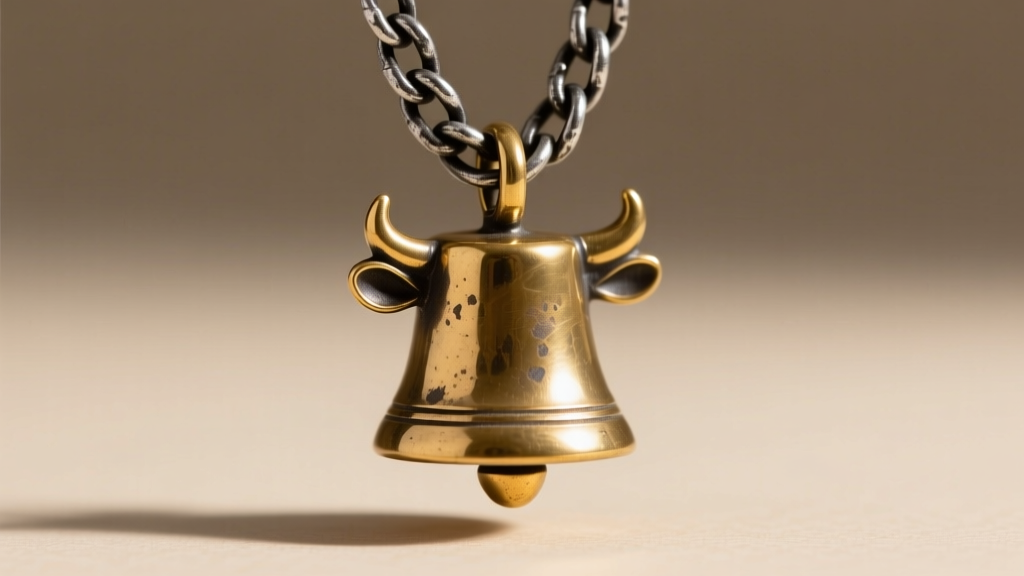 Close-up of a solid brass miniature cowbell pendant hanging on a thick 2mm oxidized silver curb chain, rustic lighting