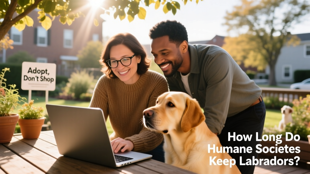 Two people reviewing a Labrador's adoption application together on a laptop