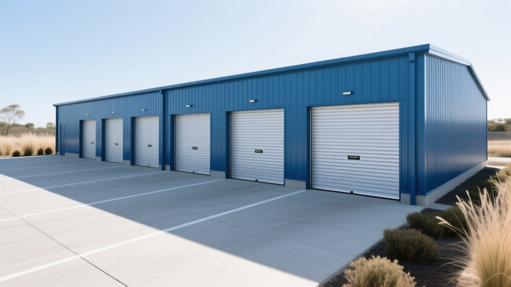 Newly built single-story self storage facility with blue metal panels, wide concrete drive aisles, and steel roll-up doors.
