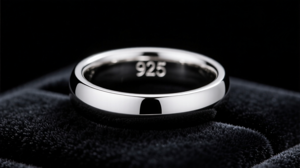 Macro shot of a sterling silver ring showing a crisp 925 stamp inside the band, resting on dark velvet with soft studio lighting.