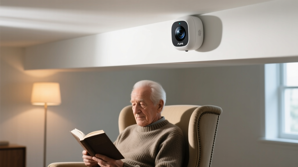 Close-up of an Aqara FP2 mmWave presence sensor mounted on a white ceiling corner detecting an older man reading in an armchair below