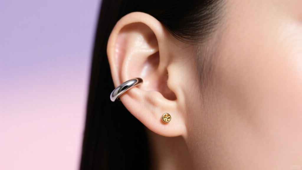 Close-up of a curated right ear with a titanium helix hoop and gold lobe stud, photographed against a soft pastel studio backdrop