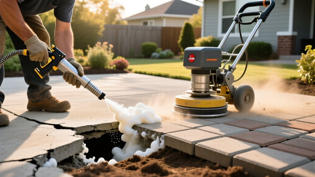 Worker injecting foam into a cracked concrete patio next to interlocking pavers being re-leveled with a vibratory plate compactor