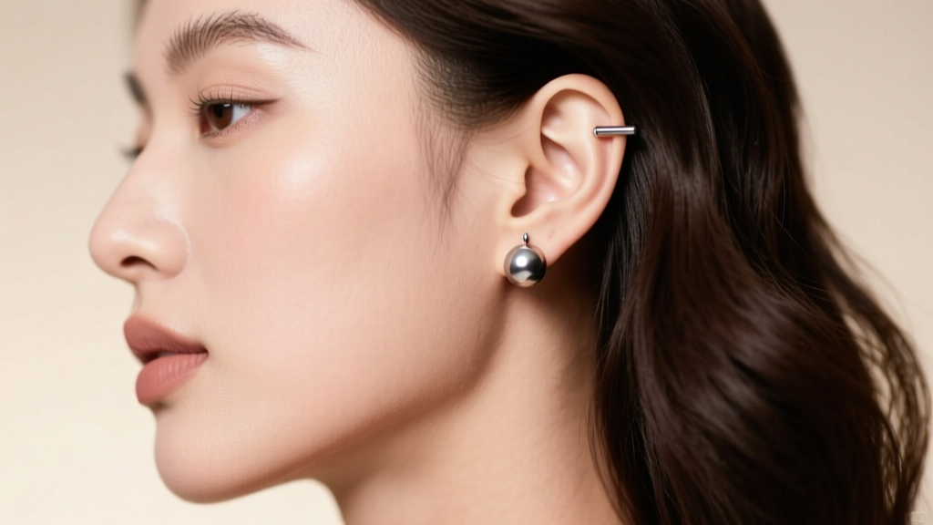 Side profile of a woman wearing a 16-gauge flat back silver ball earring in her upper helix cartilage piercing under soft lighting