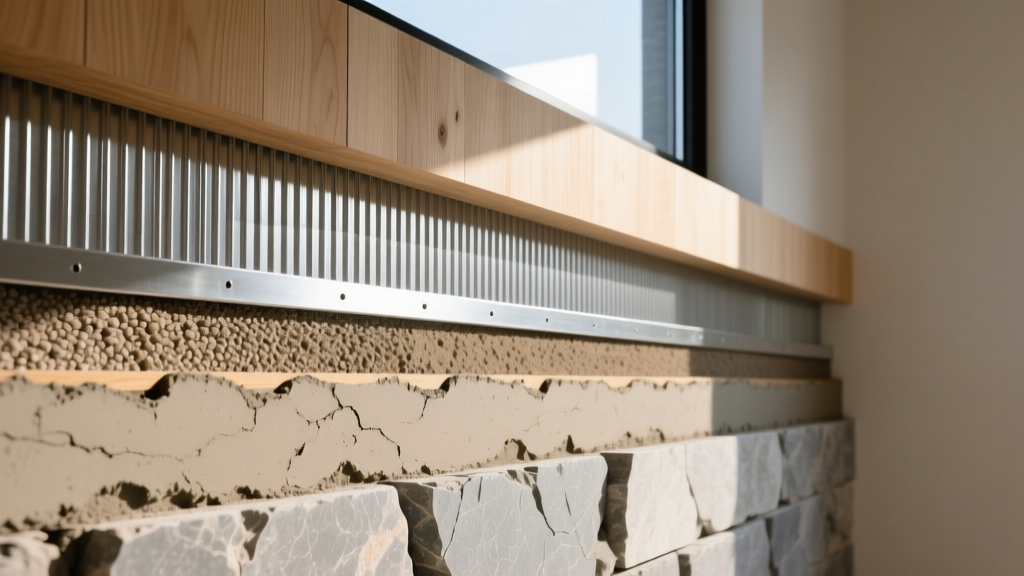 Cross-section installation of veneer stone walls showing weather-resistive barrier, galvanized metal lath, scratch coat, and mortar joints