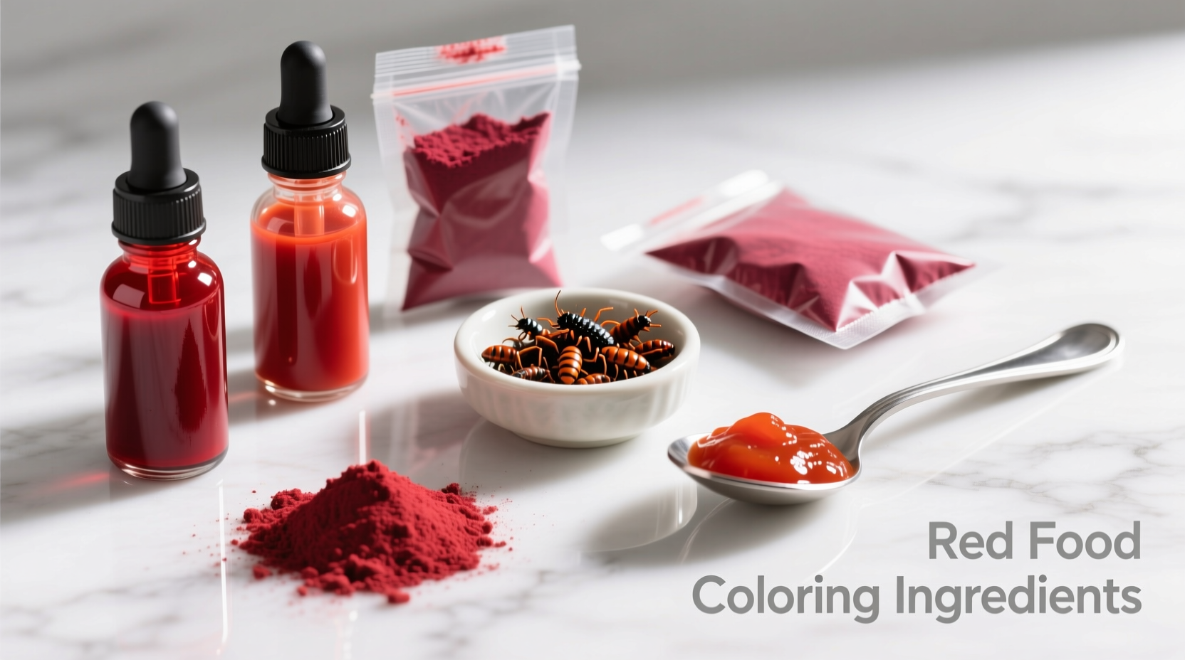 Close-up of various red food coloring ingredients