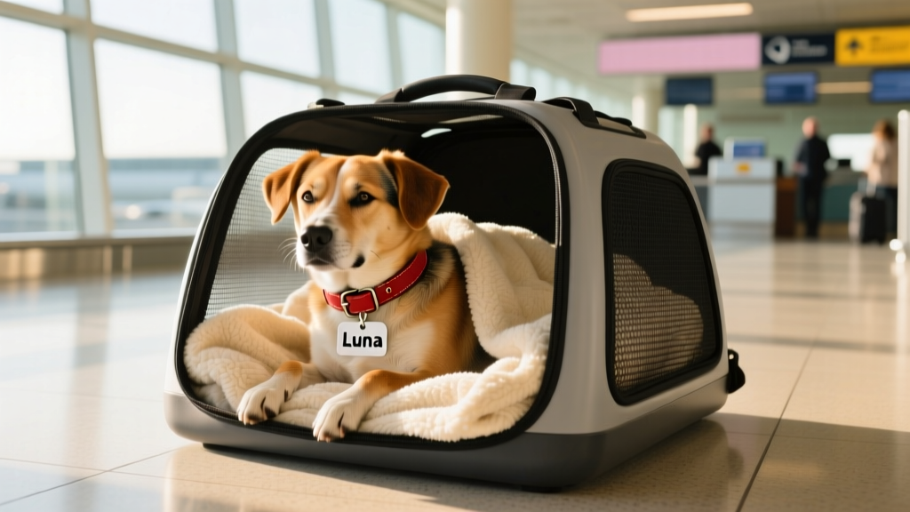 A calm dog inside a well-ventilated, airline-approved carrier with a soft blanket and ID tag visible