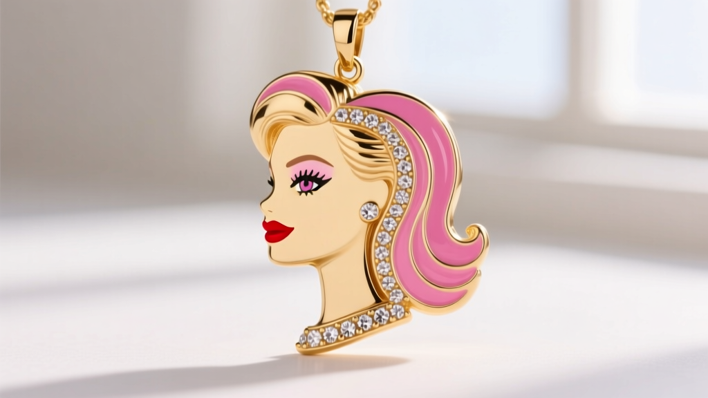 Macro shot of a 14k gold vermeil Barbie silhouette pendant featuring pave lab-grown diamonds and vibrant pink vitreous enamel.
