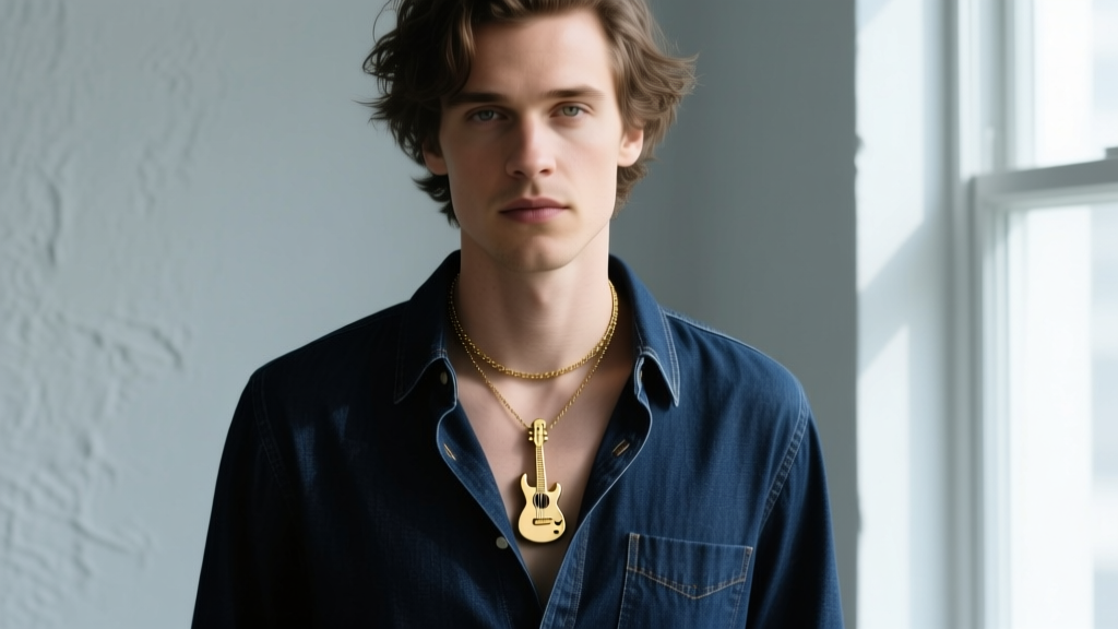 A musician wearing a minimalist gold guitar pendant necklace layered over a dark denim button-down shirt with an unbuttoned collar