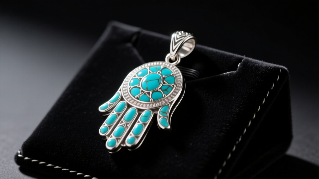 Sterling silver necklace Fatima hand pendant with turquoise inlay resting on a dark velvet jewelry mat under warm light
