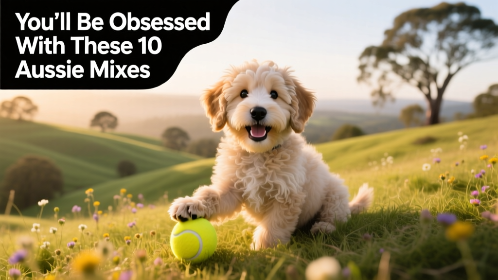 A fluffy, smiling Aussiedoodle puppy sitting on a grassy hill with a tennis ball
