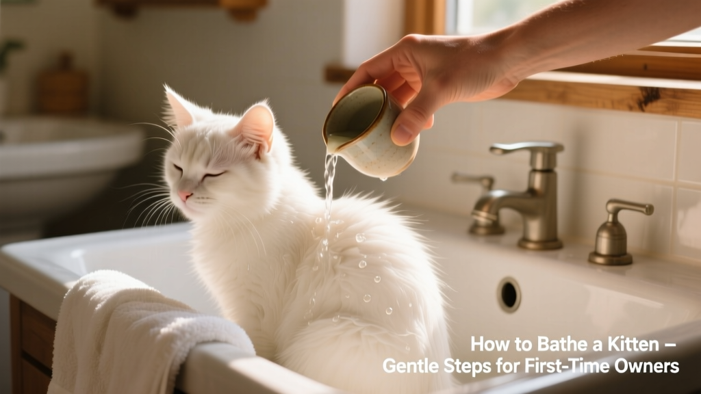 Hand gently pouring warm water over a kitten’s back using a small cup, with kitten seated securely in a sink lined with a towel