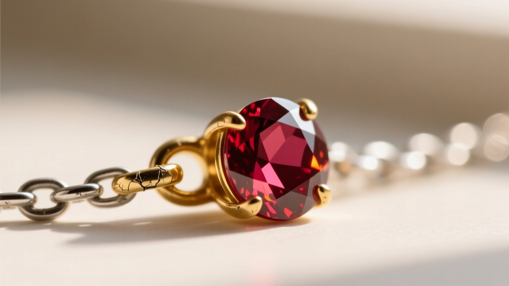 Macro photo showing a worn, bent gold prong failing to secure a round-cut synthetic ruby birthstone on a delicate jewelry chain.