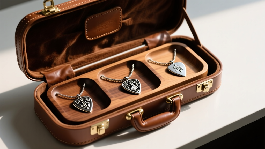 Open leather guitar case showing a neatly organized wooden valet tray holding three different metal guitar pick necklaces safely