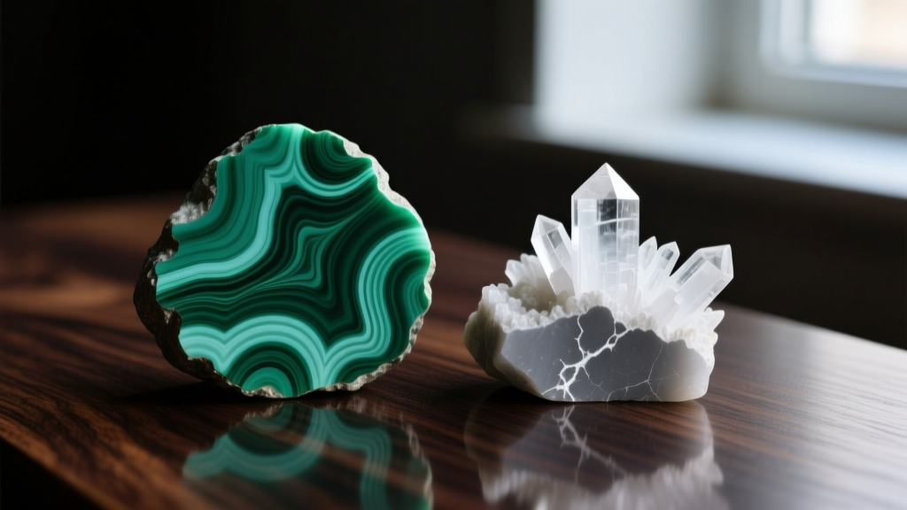 Macro shot comparing natural malachite organic banding next to dyed howlite showing sharp white veins on a dark wooden surface.