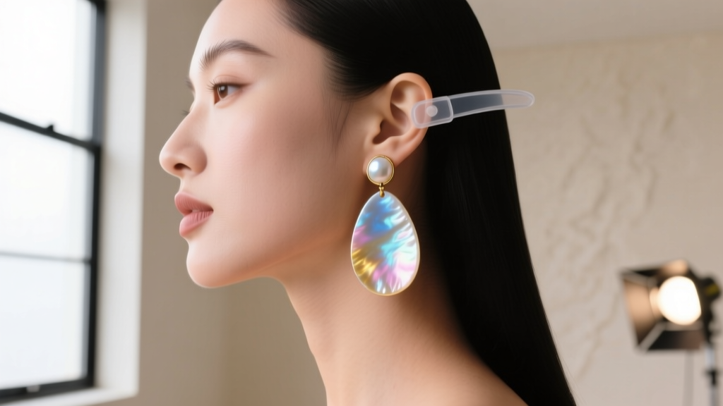 Side profile of a woman wearing large mother of pearl teardrop earrings supported by clear silicone ear lifter pads on lobes