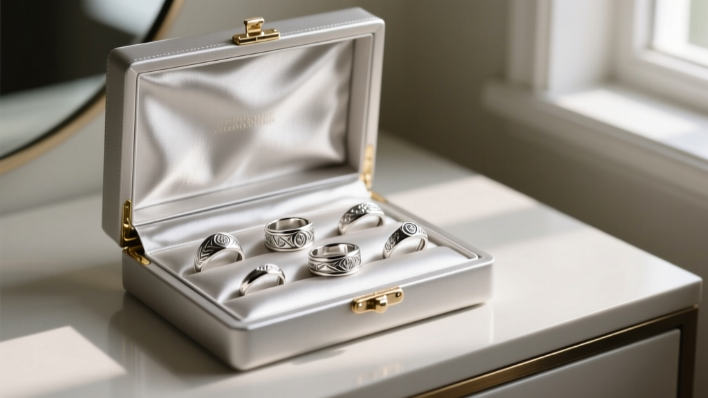Upgraded budget jewelry box open on a vanity, showing custom anti-tarnish silver cloth lining and organized sterling rings.