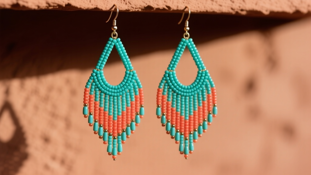Vibrant Wixárika seed bead chandelier earrings in turquoise and coral, hanging against a softly blurred terracotta wall background.