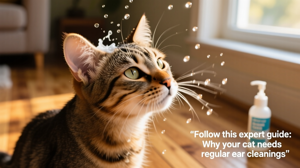 Cat mid-shake after ear cleaning, with droplets of solution airborne
