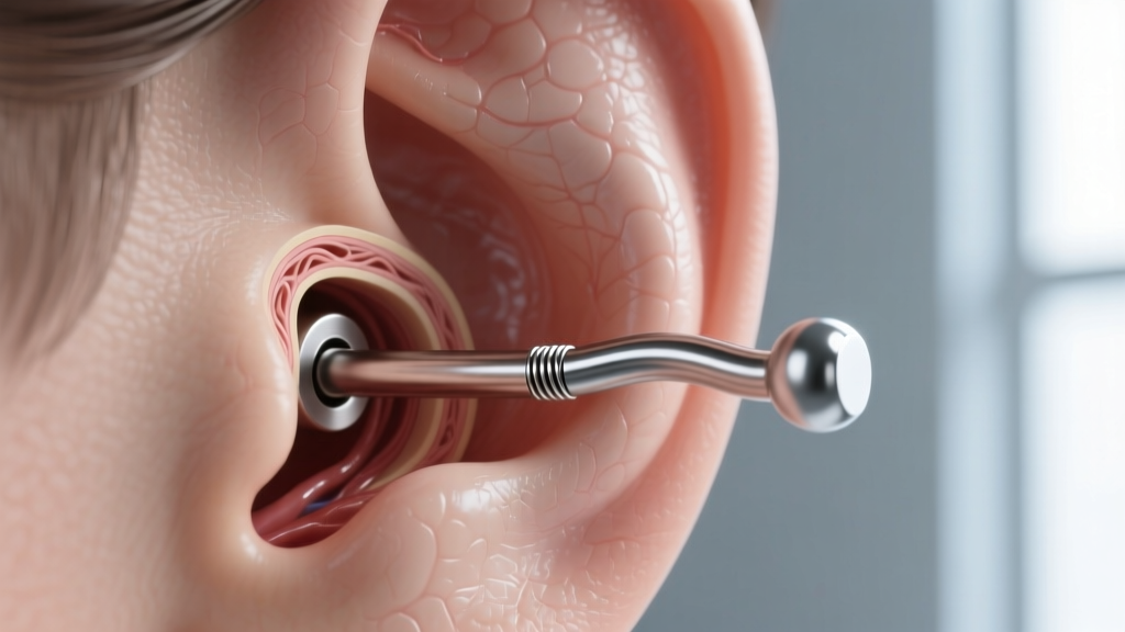 3D render of helix piercing cross-section, showing 1.2mm gauge channel and fit of polished titanium curved barbell inside tissue.