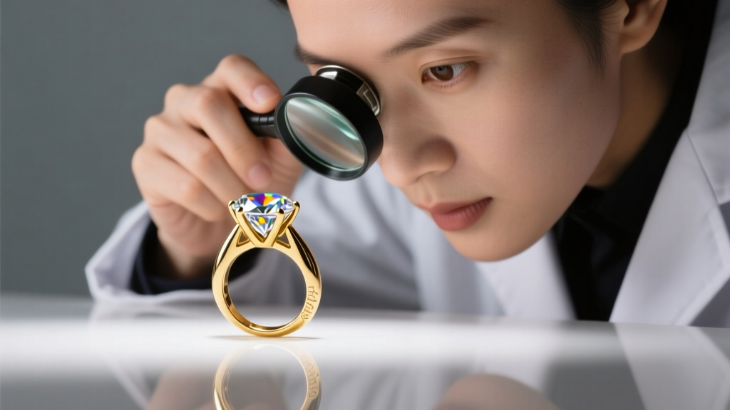 Jeweler inspecting a worn 14k gold prong gripping a moissanite gemstone with a loupe under bright bench lighting