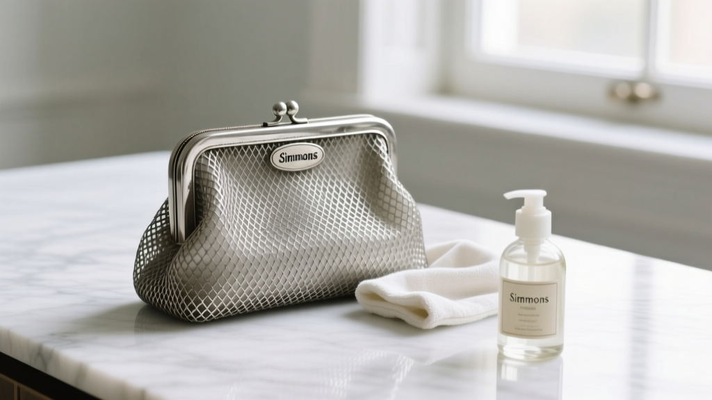 Tarnished vintage Simmons sterling silver mesh evening bag on marble, displayed with a soft microfiber cloth and mild soap nearby.