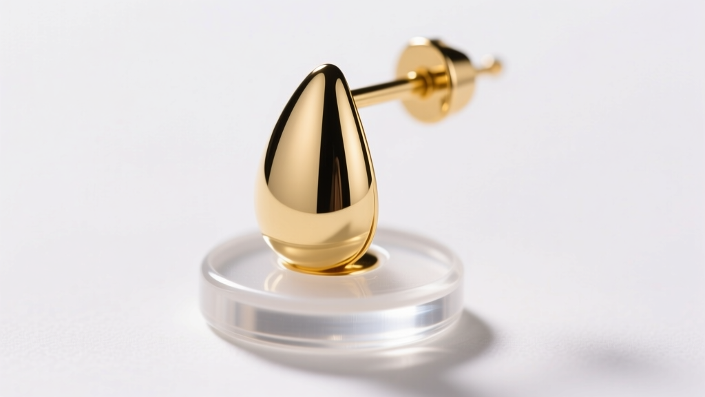 Clear silicone support pad attached to a heavy gold teardrop earring post, captured in macro against a bright white background.