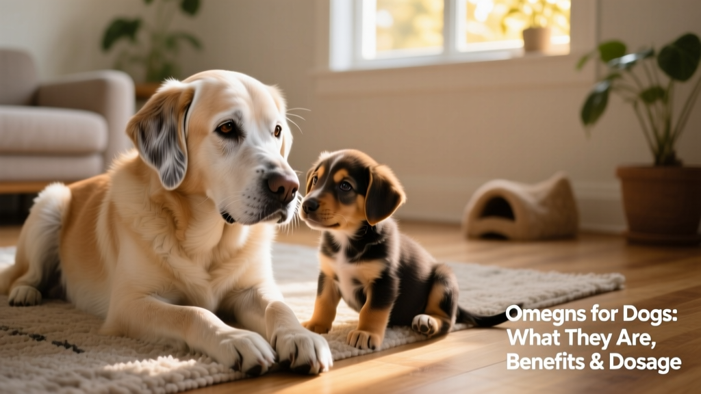 Senior dog resting calmly beside a young puppy, symbolizing lifelong brain and heart health supported by omegas