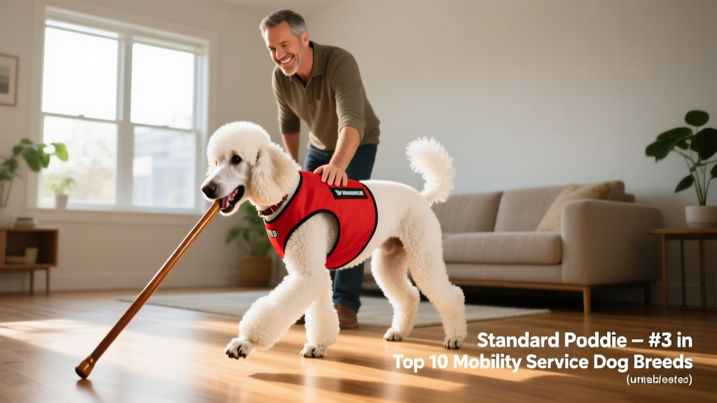 A well-groomed Standard Poodle in a red service vest retrieving a dropped cane from the floor for its handler