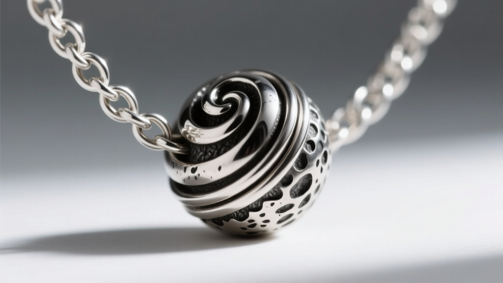 An extreme close-up of a sterling silver twista chain showing the spiral wire threading seamlessly into a textured, oxidized silver spherical focal bead.