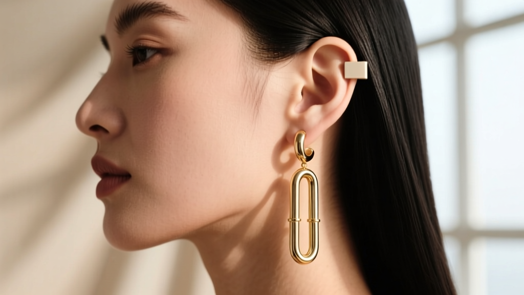 Side profile showing lightweight hollow-tube brass fringe earrings, demonstrating how earlobe patches prevent visible pulling.