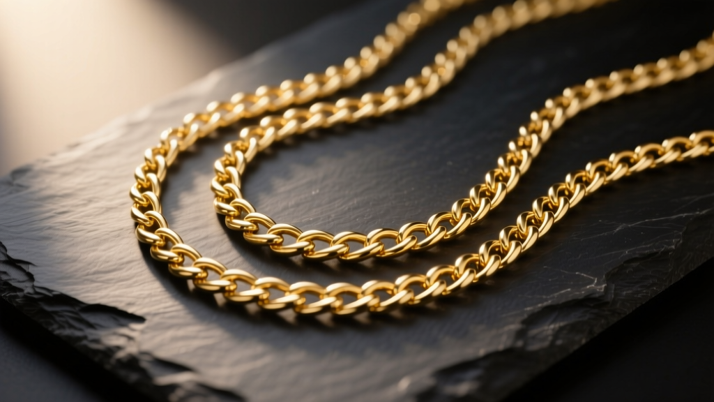 Top-down view of 14k and 18k gold chains on dark slate, lit by soft, warm, natural window light shining from the upper left side.