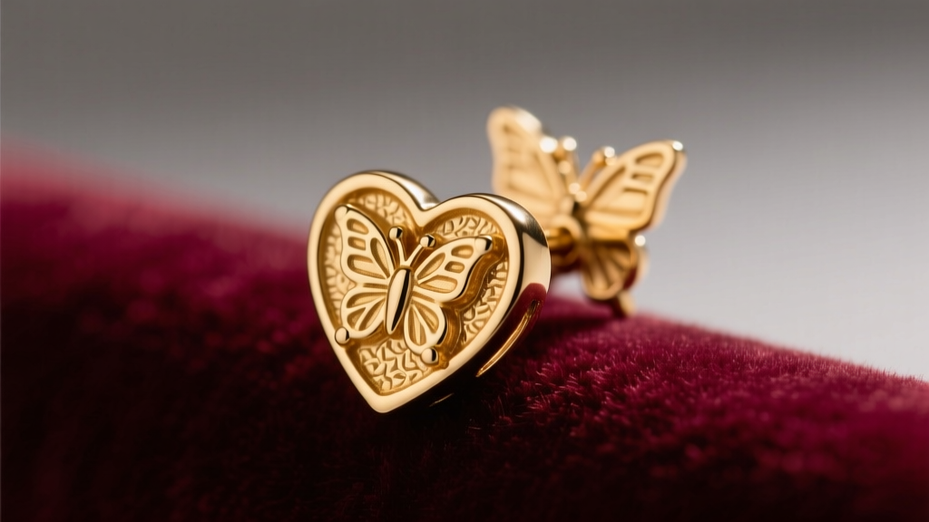 Macro shot of a 14k gold earring with heart shape on velvet, focusing on post placement and butterfly backing under warm light.