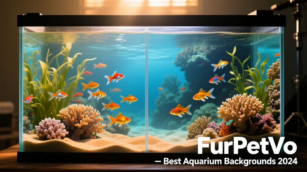 FurPetVo double-sided aquarium background installed on a 40-gallon goldfish tank, showing vibrant underwater scene with clear water visibility