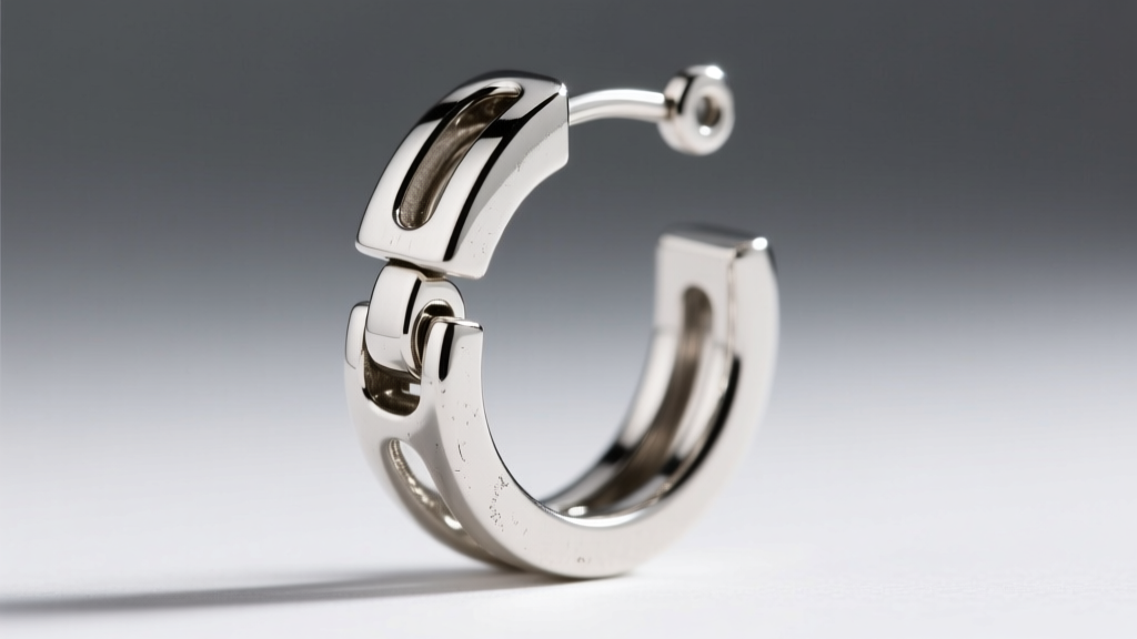 Close-up of a hinged clicker clasp on a 16-gauge silver interlocking hoop earring, showing the secure locking pin mechanism clearly