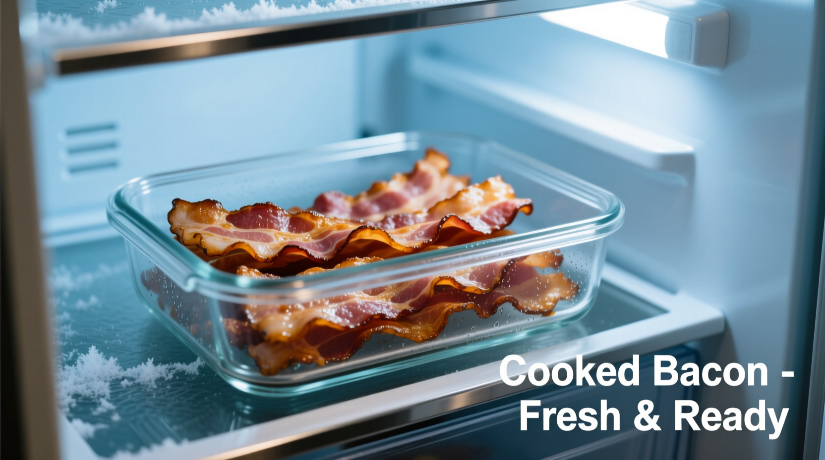 Cooked bacon stored in glass container in refrigerator