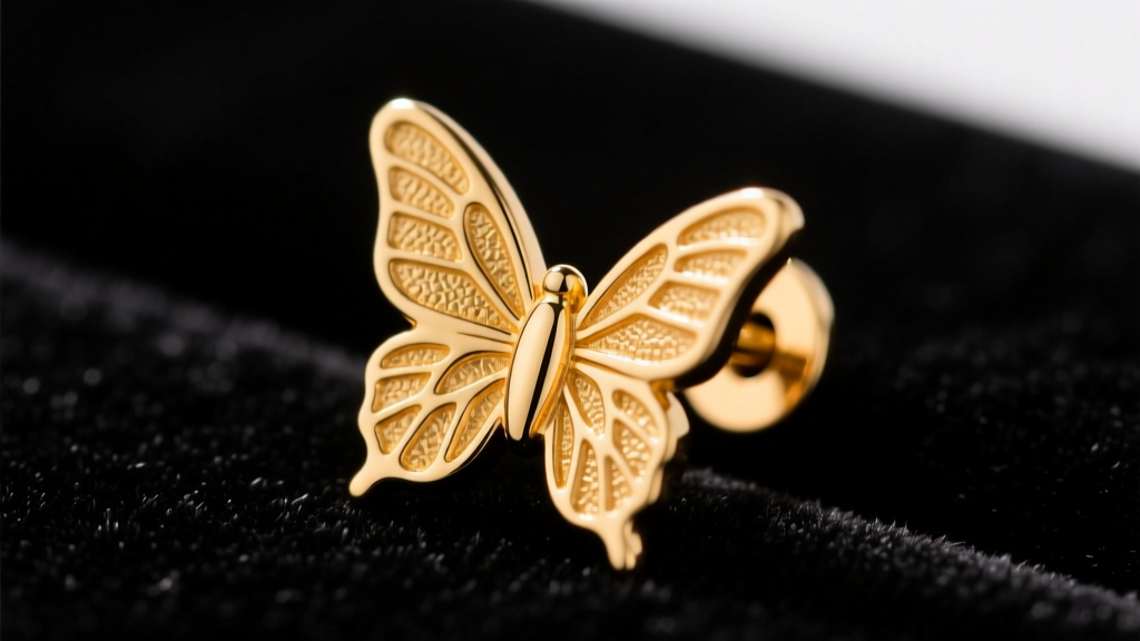 Macro photo of a 14k yellow gold friction earring back on dark velvet, highlighting the butterfly wings and central post hole.