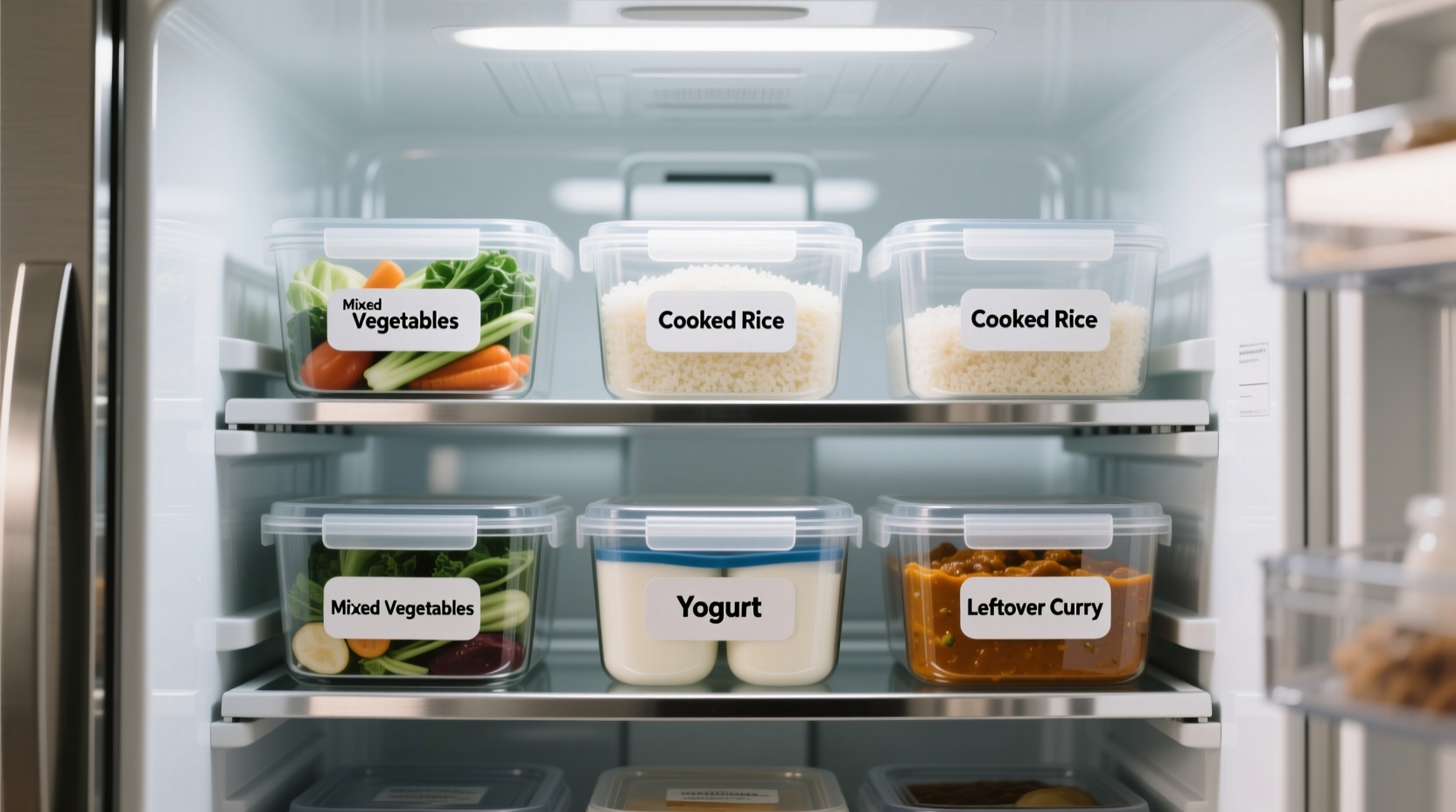 Refrigerator with labeled food storage containers