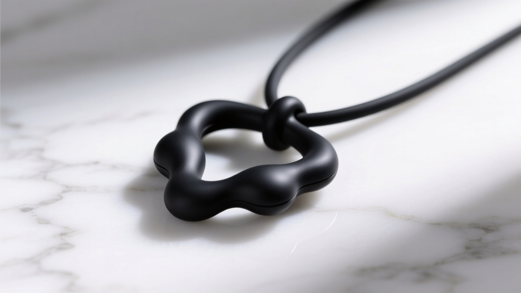 Macro shot of a matte black medical-grade silicone sensory chew necklace pendant resting on a clean white marble surface.
