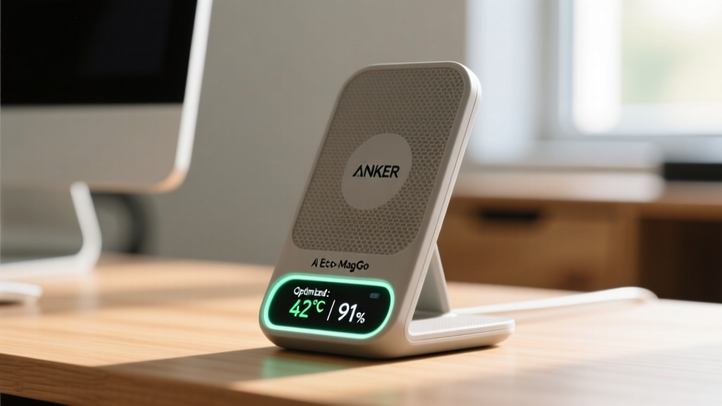 Close-up of the Anker MagGo AI Eco-Stand showing its matte recycled plastic texture and a subtle digital display indicating optimized thermal charging metrics.