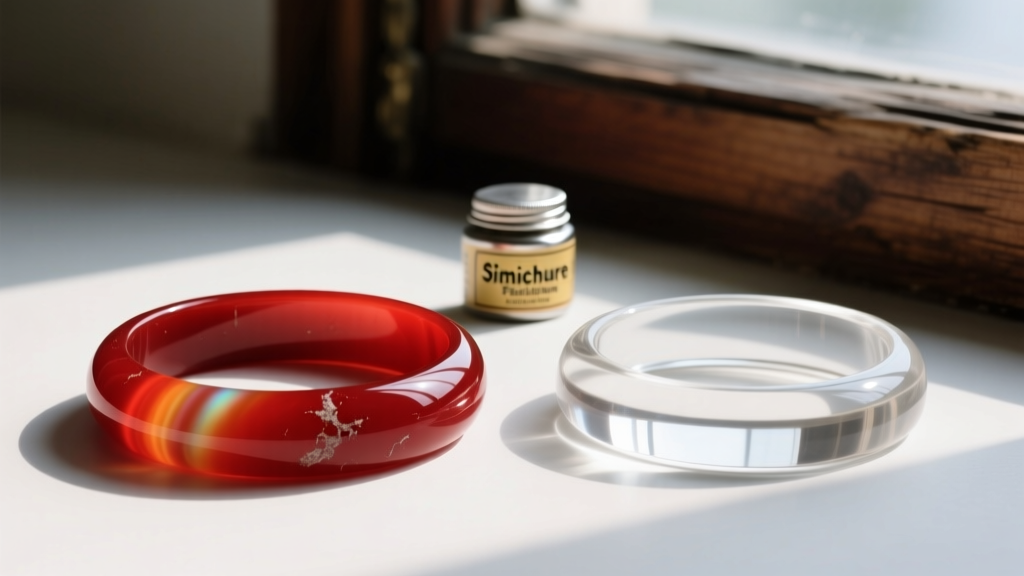 Polished vintage cherry red Bakelite bangle next to modern acrylic copy, with Simichrome polish visible in soft background.