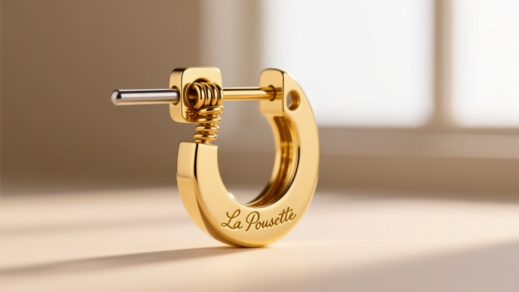 Macro shot of 14k yellow gold La Pousette earring back mechanism partially engaged on a 20-gauge post in studio light.