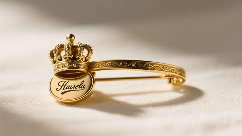 Macro close-up of a vintage 1950s gold-tone costume brooch clasp revealing a tiny stamped crown and script logo on the base metal