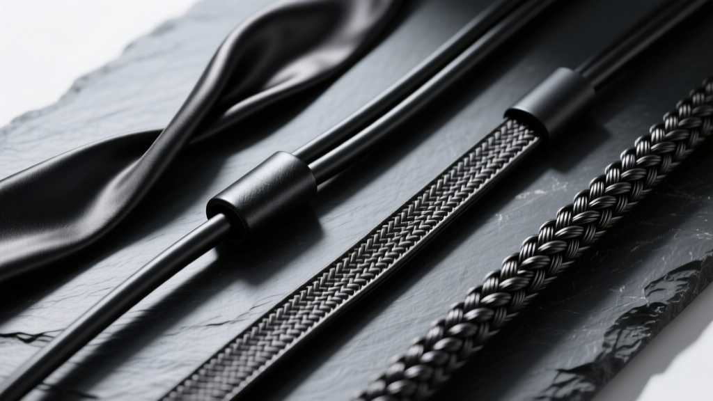 Overhead shot of four black cords: silk, leather, nylon, and Kevlar, arranged on dark slate to compare texture and thickness