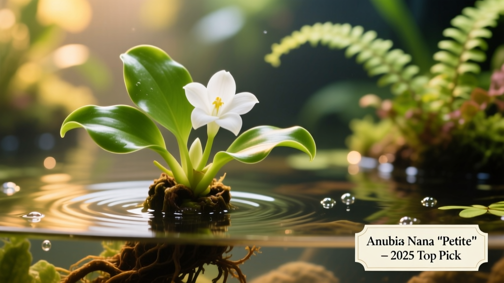 Close-up of an Anubias plant with a fresh white flower emerging from its rhizome above the waterline