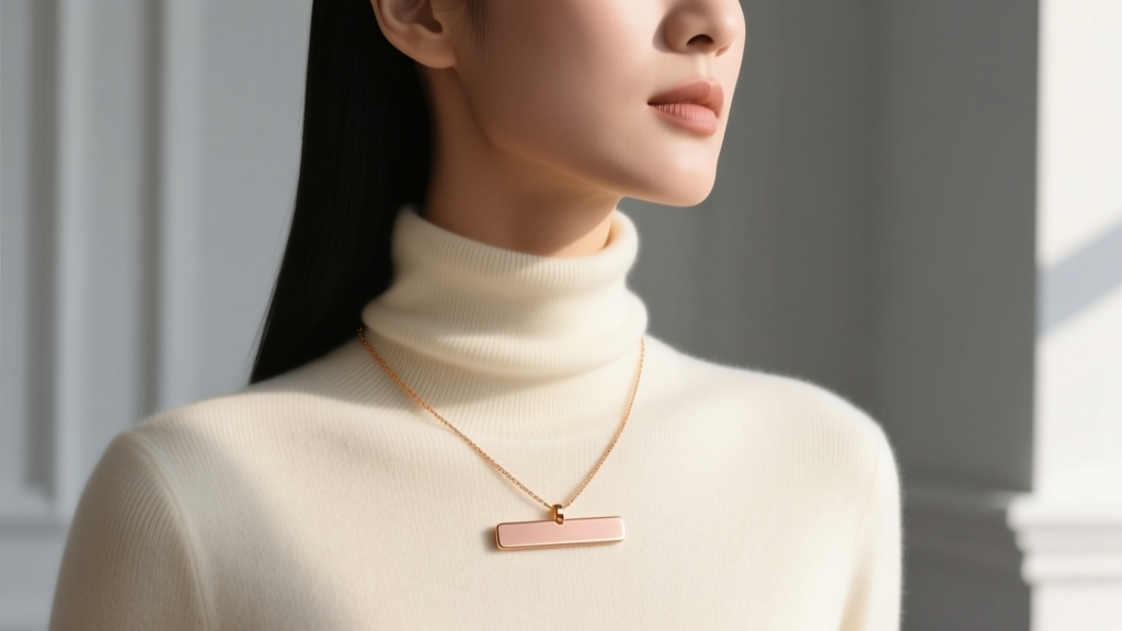 Woman wearing a 16-inch solid rose gold name necklace over a cream cashmere turtleneck, photographed from the collarbone up.