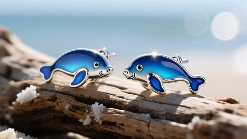 Close-up of 925 sterling silver manatee stud earrings with blue cold enamel detailing, resting on a weathered piece of driftwood