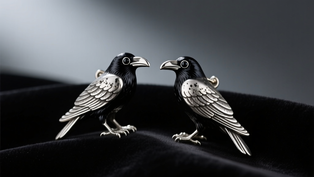 Oxidized sterling silver raven earrings with black onyx eyes resting on dark velvet cloth under moody, soft directional lighting.